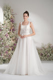 A-line Square Neck Lace Tulle Wedding Dress With Court Train