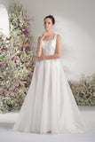 A-line Square Neck Lace Tulle Wedding Dress With Court Train