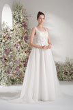A-line Square Neck Lace Tulle Wedding Dress With Court Train
