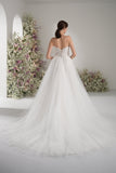 A-line Strapless Lace Beading Tulle Elegant Wedding Dress With Court Train