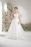 A-line Strapless Lace Beading Tulle Elegant Wedding Dress With Court Train