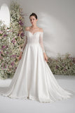 A-line Sweetheart Long Sleeve Lace Satin Elegant Wedding Dress With Court Train