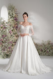 A-line Sweetheart Long Sleeve Lace Satin Elegant Wedding Dress With Court Train