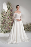 A-line Sweetheart Long Sleeve Lace Satin Elegant Wedding Dress With Court Train
