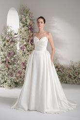 A-line Sweetheart Ruche Lace Modest Wedding Dress With Court Train