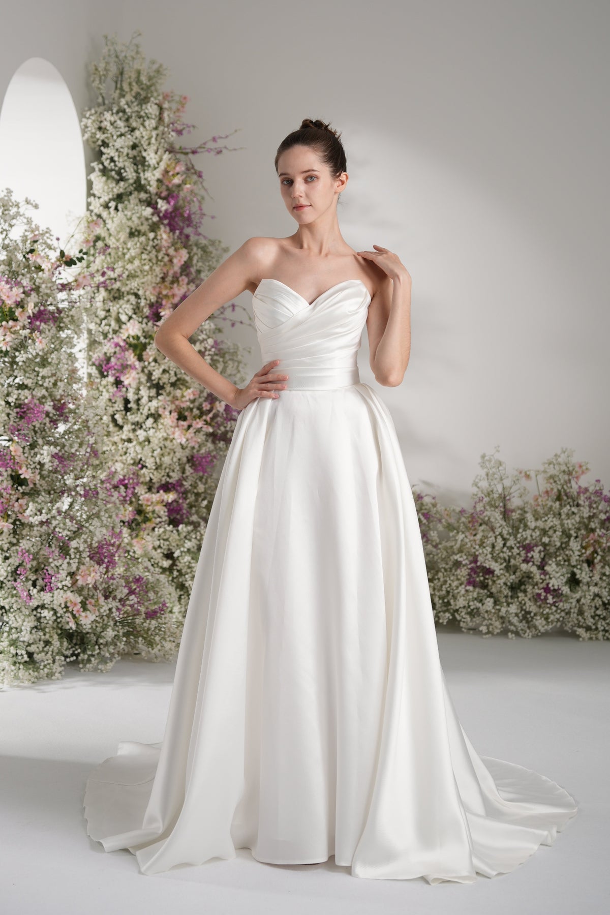 A-line Sweetheart Ruche Lace Modest Wedding Dress With Court Train