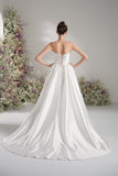 A-line Sweetheart Ruche Lace Modest Wedding Dress With Court Train