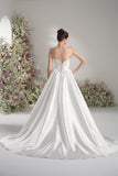 A-line Sweetheart Sleeveless High Slit Satin Modest Wedding Dress With Court Train