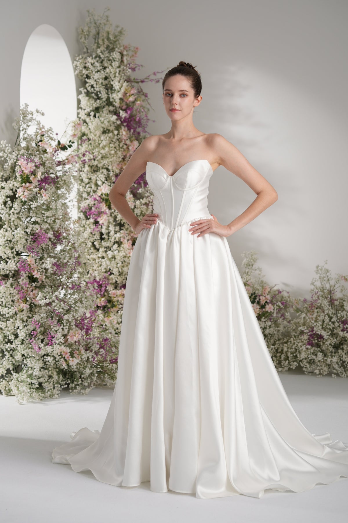 A-line Sweetheart Sleeveless High Slit Satin Modest Wedding Dress With Court Train