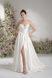 A-line Sweetheart Sleeveless High Slit Satin Modest Wedding Dress With Court Train