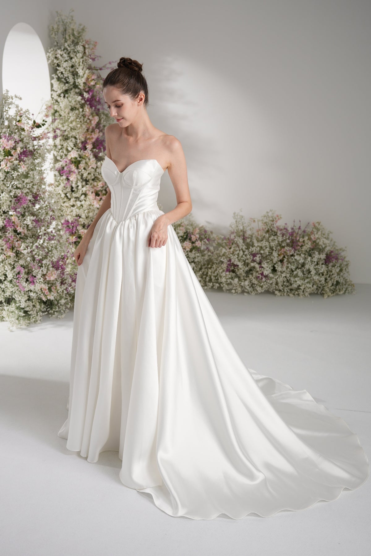 A-line Sweetheart Sleeveless High Slit Satin Modest Wedding Dress With Court Train