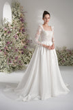 A-line Tank Top Long Sleeve Beading Lace Satin Elegant Wedding Dress With Court Train