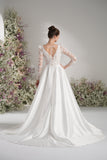 A-line Tank Top Long Sleeve Beading Lace Satin Elegant Wedding Dress With Court Train