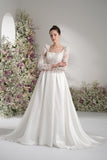 A-line Tank Top Long Sleeve Beading Lace Satin Elegant Wedding Dress With Court Train