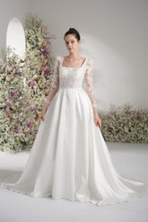 A-line Tank Top Long Sleeve Beading Lace Satin Elegant Wedding Dress With Court Train