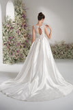 A-line V-neck Sleeveless Beading Lace Elegant Wedding Dress With Court Train