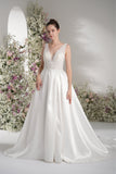 A-line V-neck Sleeveless Beading Lace Elegant Wedding Dress With Court Train