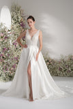 A-line V-neck Sleeveless Beading Lace Elegant Wedding Dress With Court Train