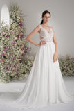 A-line V-neck Sleeveless Luxurious Lace Wedding Dress With Court Train