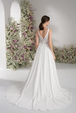 A-line V-neck Sleeveless Luxurious Lace Wedding Dress With Court Train