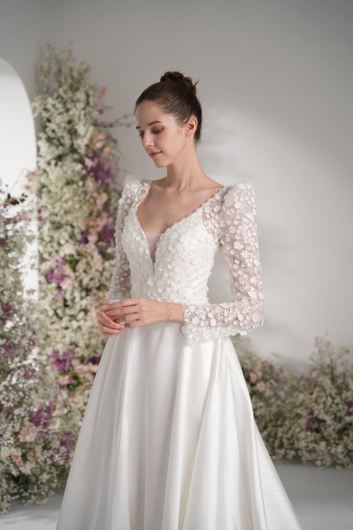A-line Queen Neckline Long Sleeve Lace Applique Satin Wedding Dress With Court Train