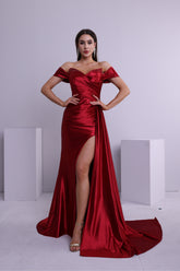 Trumpet/Mermaid Off-The-Shoulder Sleeveless Sequined Ruche Satin Prom Dress With Court Train