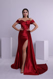 Trumpet/Mermaid Off-The-Shoulder Sleeveless Sequined Ruche Satin Prom Dress With Court Train