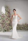 Trumpet/Mermaid Spaghetti Strap Deep V Sleeveless Lace Applique Wedding Dress With Court Train