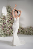 Trumpet/Mermaid Spaghetti Strap Deep V Sleeveless Lace Applique Wedding Dress With Court Train