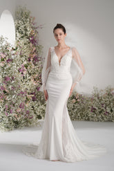 Trumpet/Mermaid Deep V Neck Long Sleeve Full Lace Sexy Bridal Wedding Dress with Court Train
