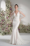 Trumpet/Mermaid Deep V Neck Long Sleeve Full Lace Sexy Bridal Wedding Dress with Court Train