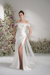 Trumpet/Mermaid Off-The-Shoulder Cape Ruffled Tulle Satin Wedding Dress With Court Train