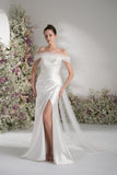 Trumpet/Mermaid Off-The-Shoulder Cape Ruffled Tulle Satin Wedding Dress With Court Train