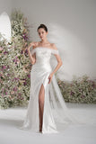 Trumpet/Mermaid Off-The-Shoulder Cape Ruffled Tulle Satin Wedding Dress With Court Train