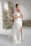 Trumpet/Mermaid Off-The-Shoulder Cape Ruffled Tulle Satin Wedding Dress With Court Train