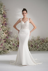 TrumpetMermaid Queen neckline Sleeveless Lace Beading Wedding Dress with Court Train