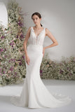 Trumpet/Mermaid Spaghetti Strap Deep V Neck Sleeveless Lace Applique Sexy Wedding Dress With Court Train