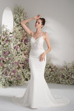 Trumpet/Mermaid Spaghetti Strap Sleeveless Beading Lace Stretch Satin Sexy Wedding Dress With Court Train