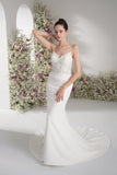 Trumpet/Mermaid Spaghetti Strap Sleeveless Beading Lace Stretch Satin Sexy Wedding Dress With Court Train