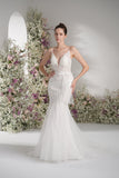 Trumpet/Mermaid Spaghetti Strap V-Neck Beading Tulle Wedding Dress with Court Train
