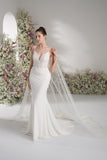 Trumpet/Mermaid Spaghetti Strap V Neck Lace Cape Stretch Satin Sexy Wedding Dress With Court Train