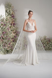Trumpet/Mermaid Spaghetti Strap V Neck Lace Cape Stretch Satin Sexy Wedding Dress With Court Train