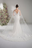 Trumpet/Mermaid Spaghetti Strap V Neck Lace Cape Stretch Satin Sexy Wedding Dress With Court Train