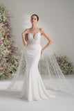 Trumpet/Mermaid Spaghetti Strap V Neck Lace Cape Stretch Satin Sexy Wedding Dress With Court Train