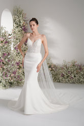 Trumpet/Mermaid Spaghetti Strap V Neck Sleeveless Lace Cape Mesh Wedding Dress With Court Train