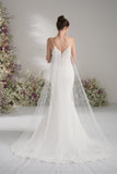 Trumpet/Mermaid Spaghetti Strap V Neck Sleeveless Lace Cape Mesh Wedding Dress With Court Train