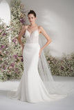Trumpet/Mermaid Spaghetti Strap V Neck Sleeveless Lace Cape Mesh Wedding Dress With Court Train