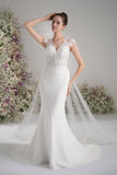 Trumpet/Mermaid V-neck sleeveless beading lace cape wedding dress With Court Train