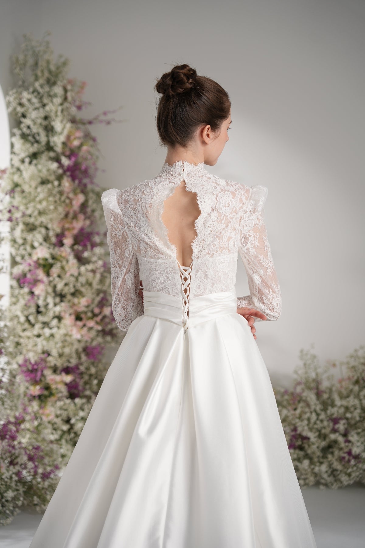 A-Line Queen Anne Long Sleeve Lace Satin Wedding Dress with Court Train