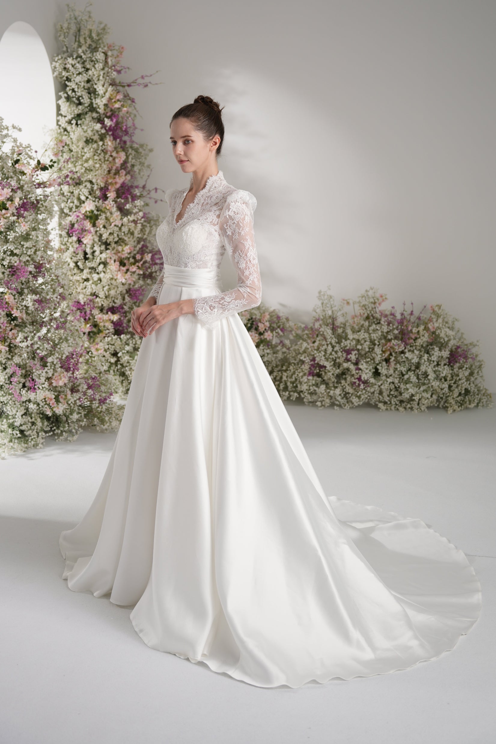 A-Line Queen Anne Long Sleeve Lace Satin Wedding Dress with Court Train